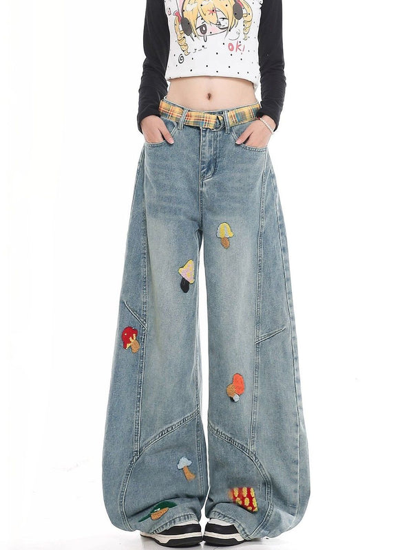 Women Wide Leg High-Rise Light Fade Embroidered Jeans