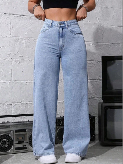 Women Classic Wide Leg High-Rise Light Fade Stretchable Jeans