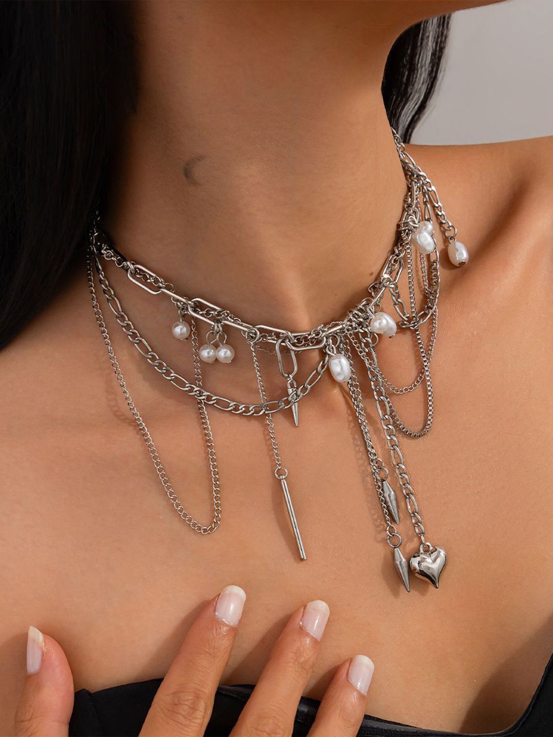 Silver-Plated Artificial Beaded Tasselled Statement Necklace