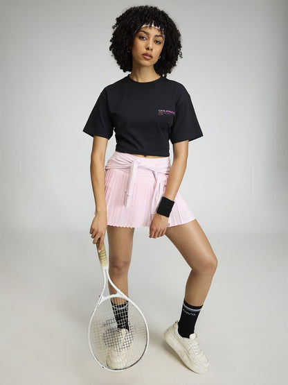 Women Black Serve Side Oversized Printed Cotton-Spandex Tee