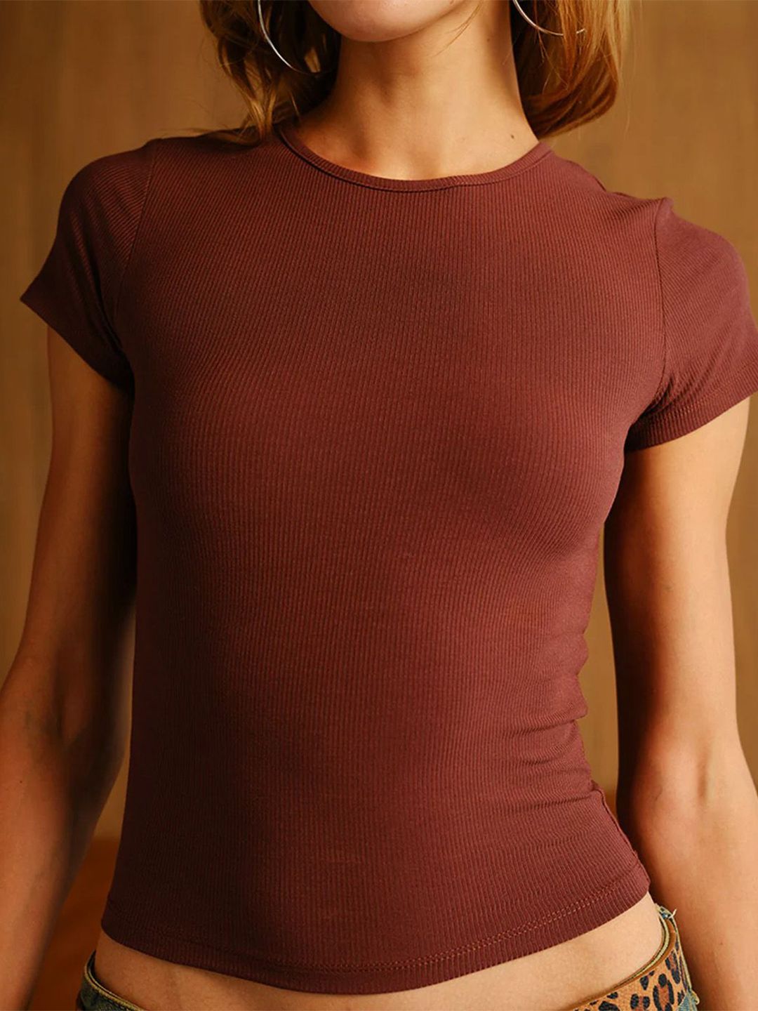 Self Design Round Neck Slim Fit Crop T-shirt
