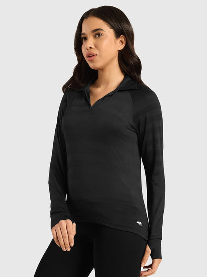 Vogue Women Self Design Full Sleeves Polo Collar T-shirt