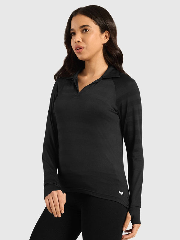 Vogue Women Self Design Full Sleeves Polo Collar T-shirt