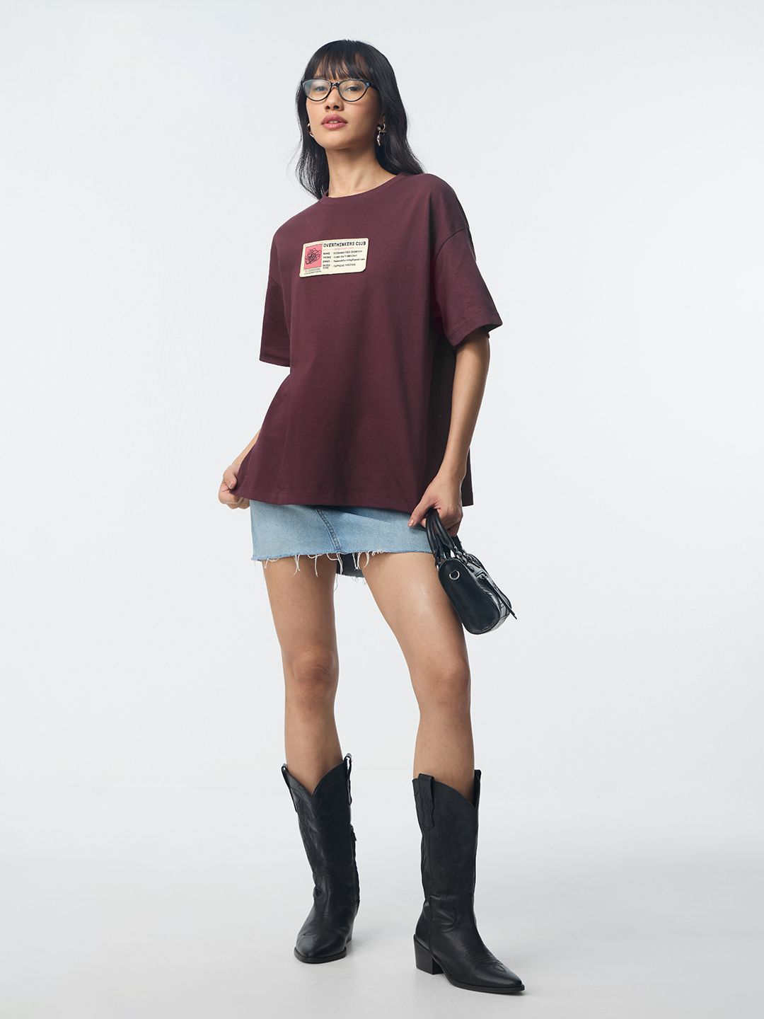 Women Oversized Fit Printed Maroon T-Shirts