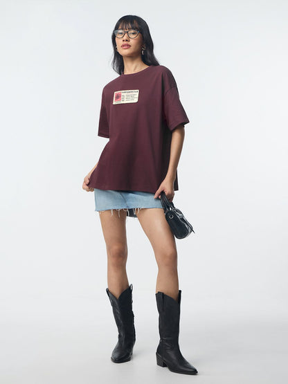 Women Oversized Fit Printed Maroon T-Shirts