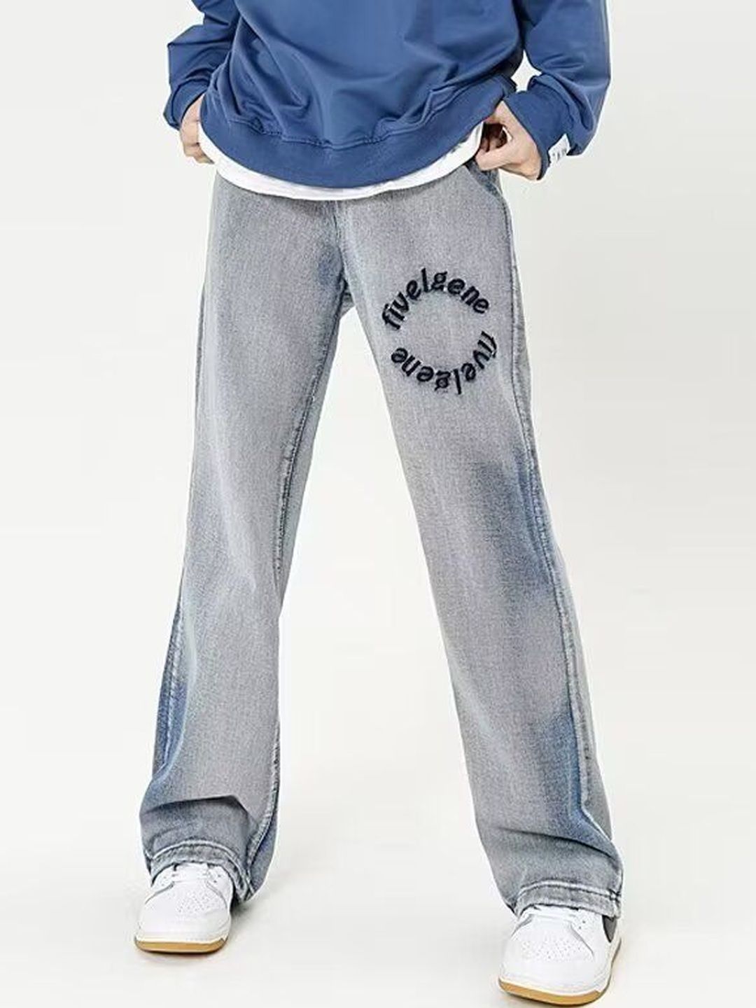 Men Wide Leg Mid-Rise Medium Shade Jeans