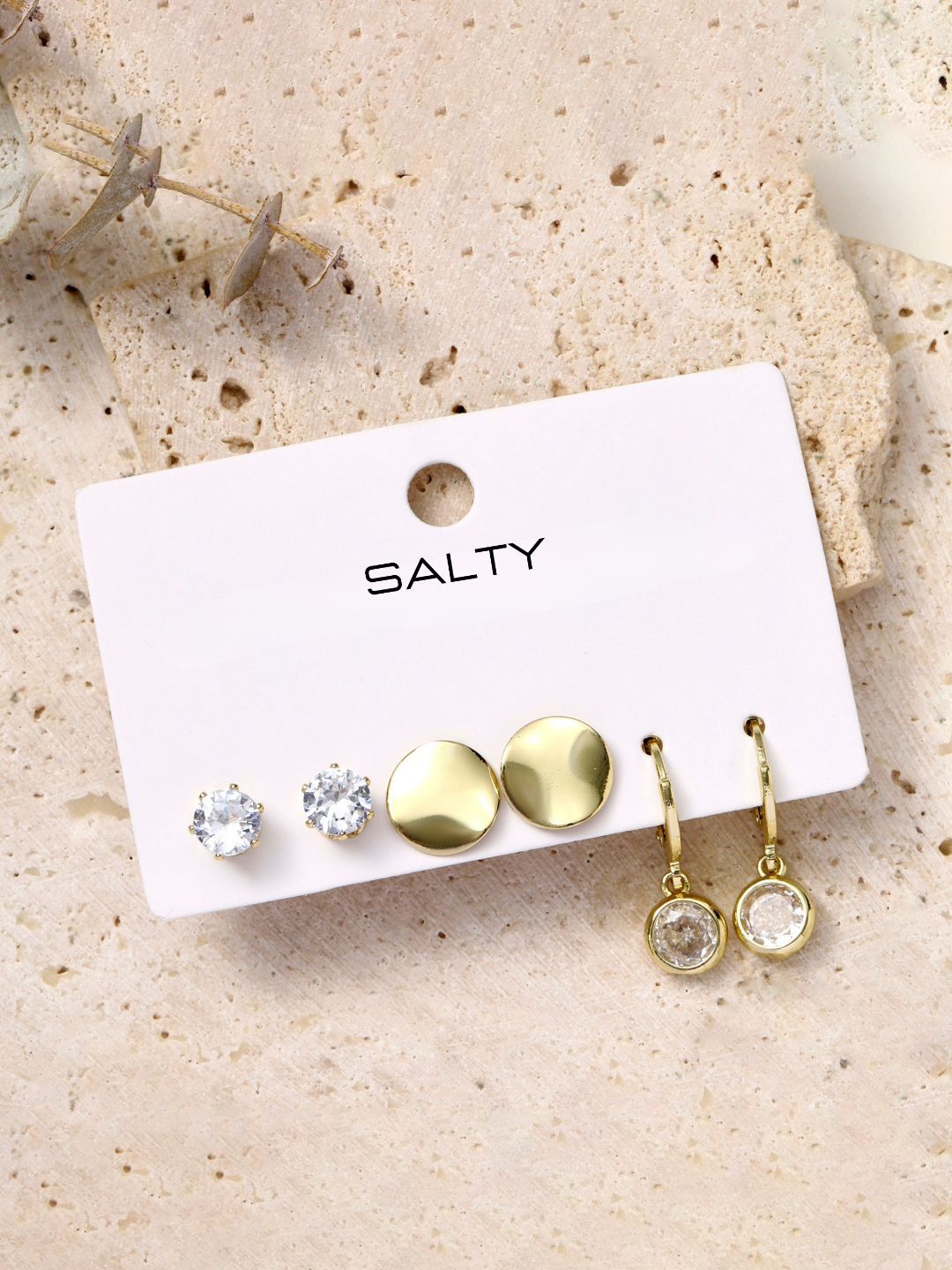 SALTY Gold-Plated Set Of 3 Contemporary Artificial Stone Studded Studs Earrings