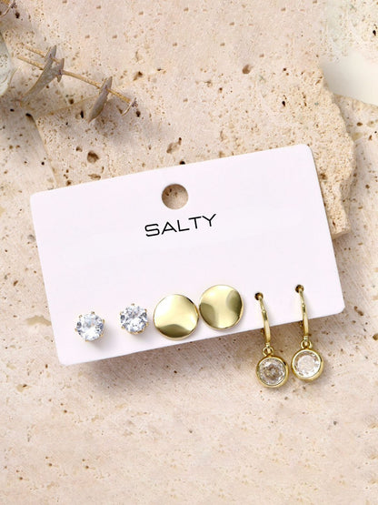 SALTY Gold-Plated Set Of 3 Contemporary Artificial Stone Studded Studs Earrings