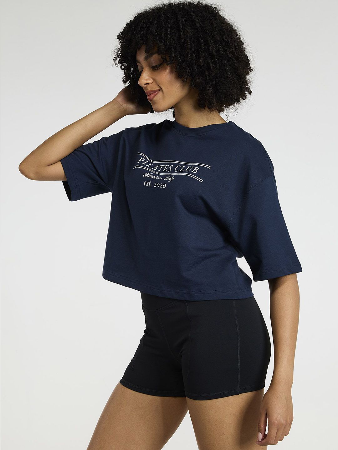 Women Navy Pilates Core Cropped Cotton Boxy Tee