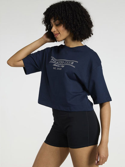 Women Navy Pilates Core Cropped Cotton Boxy Tee