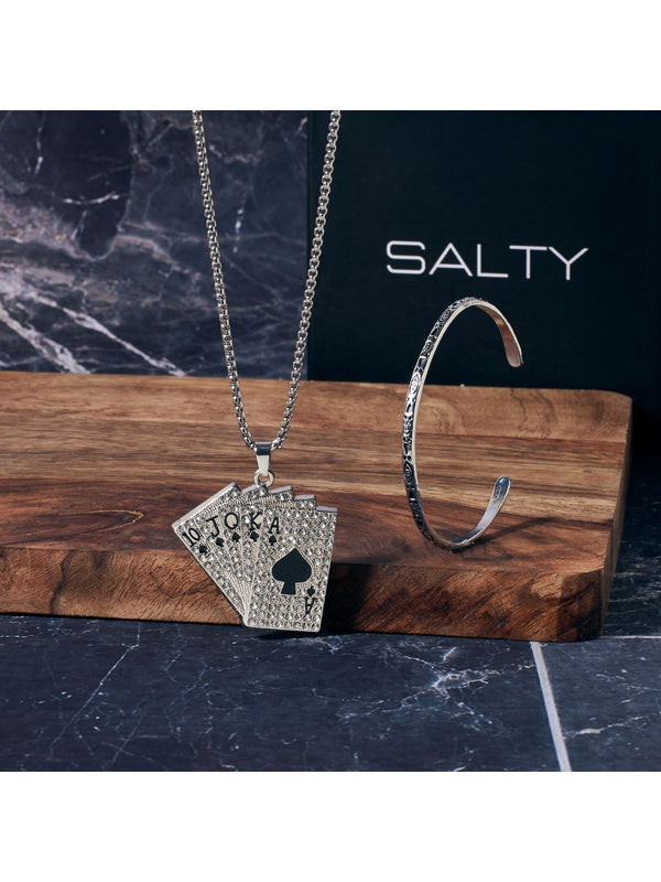 SALTY Pip Cards Chain & Tarazwa Silver Cuff Combo Jewellery Set