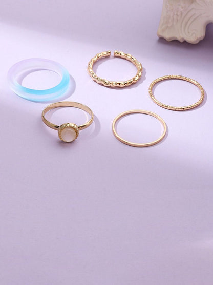 SALTY Set Of 5 Rings With Hearts & Sunshine Pendant Chain Jewellery Set