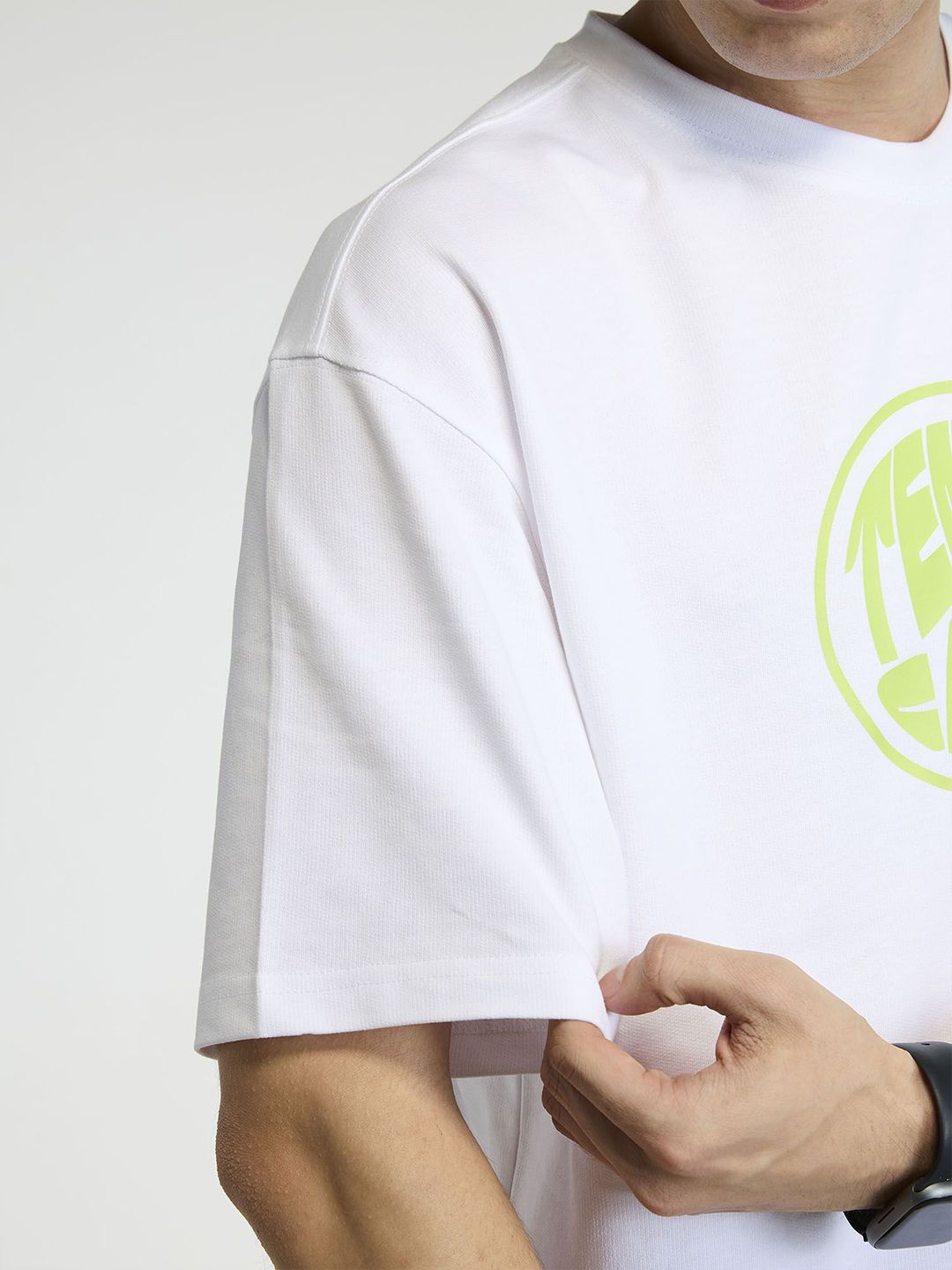 Men White Tenniscore Oversized Printed Cotton Tee