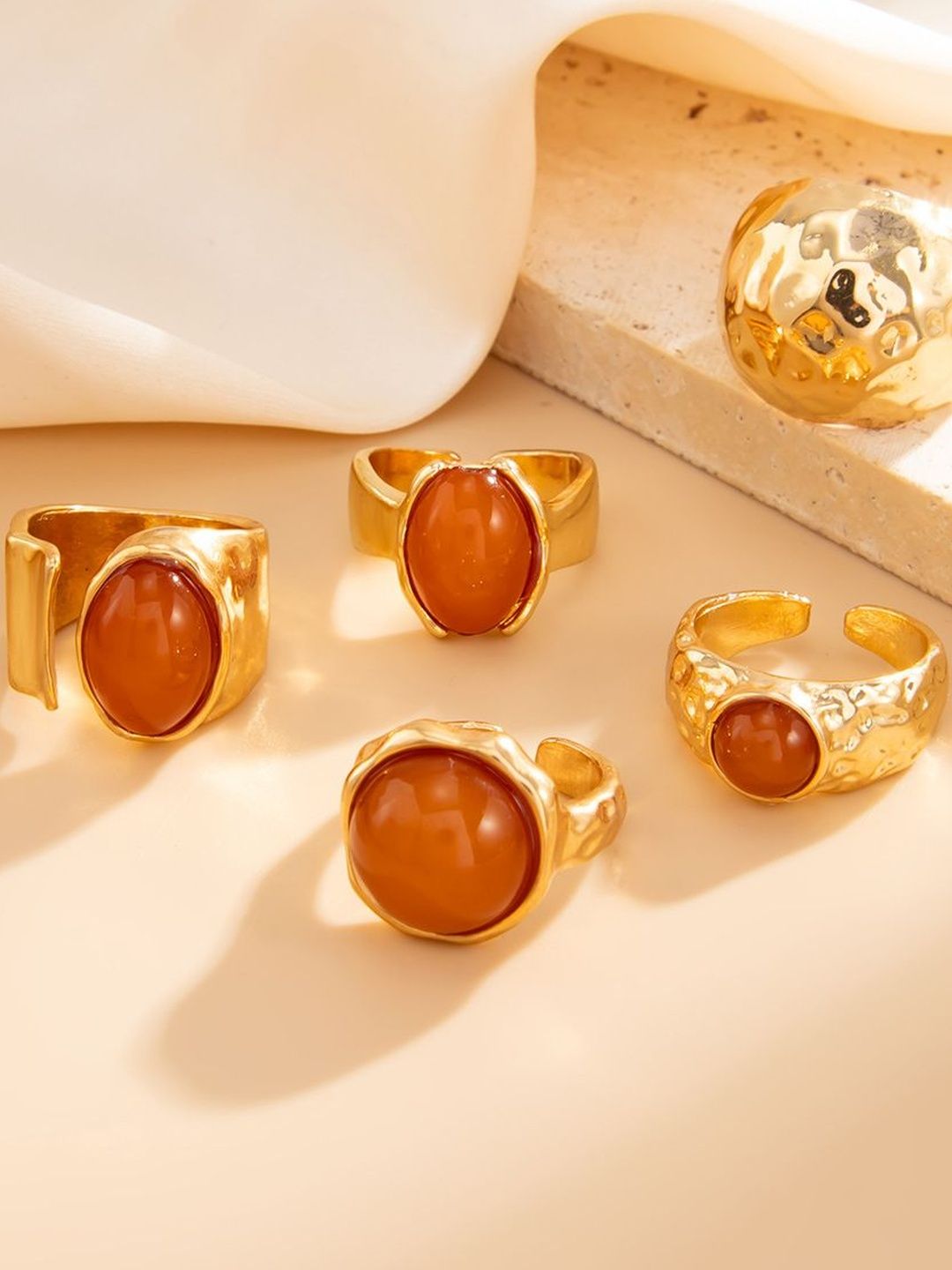 Set Of 5 Gold-Plated Stones Studded Finger Ring