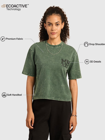 Women Typography Printed Acid Wash Cotton Oversized T-shirt