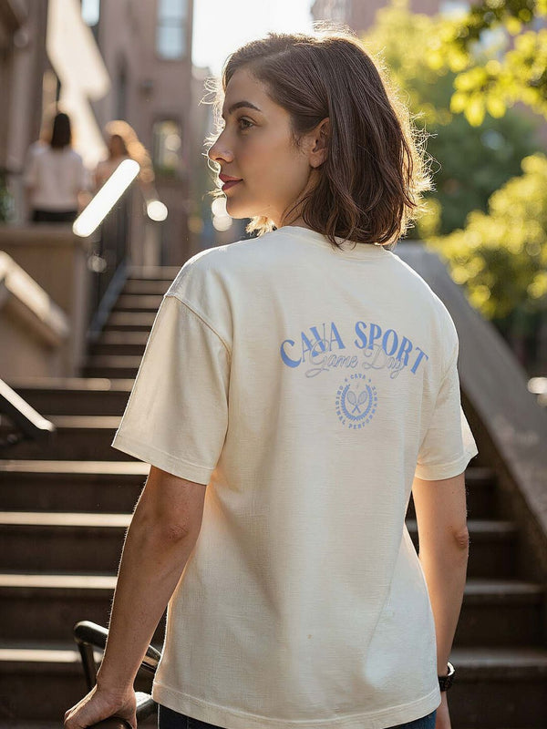 Women Cream Cava Sport Oversized Printed Cotton-Spandex Tee