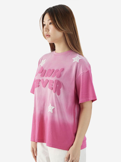 Women Oversized Fit Printed Pink T-Shirts