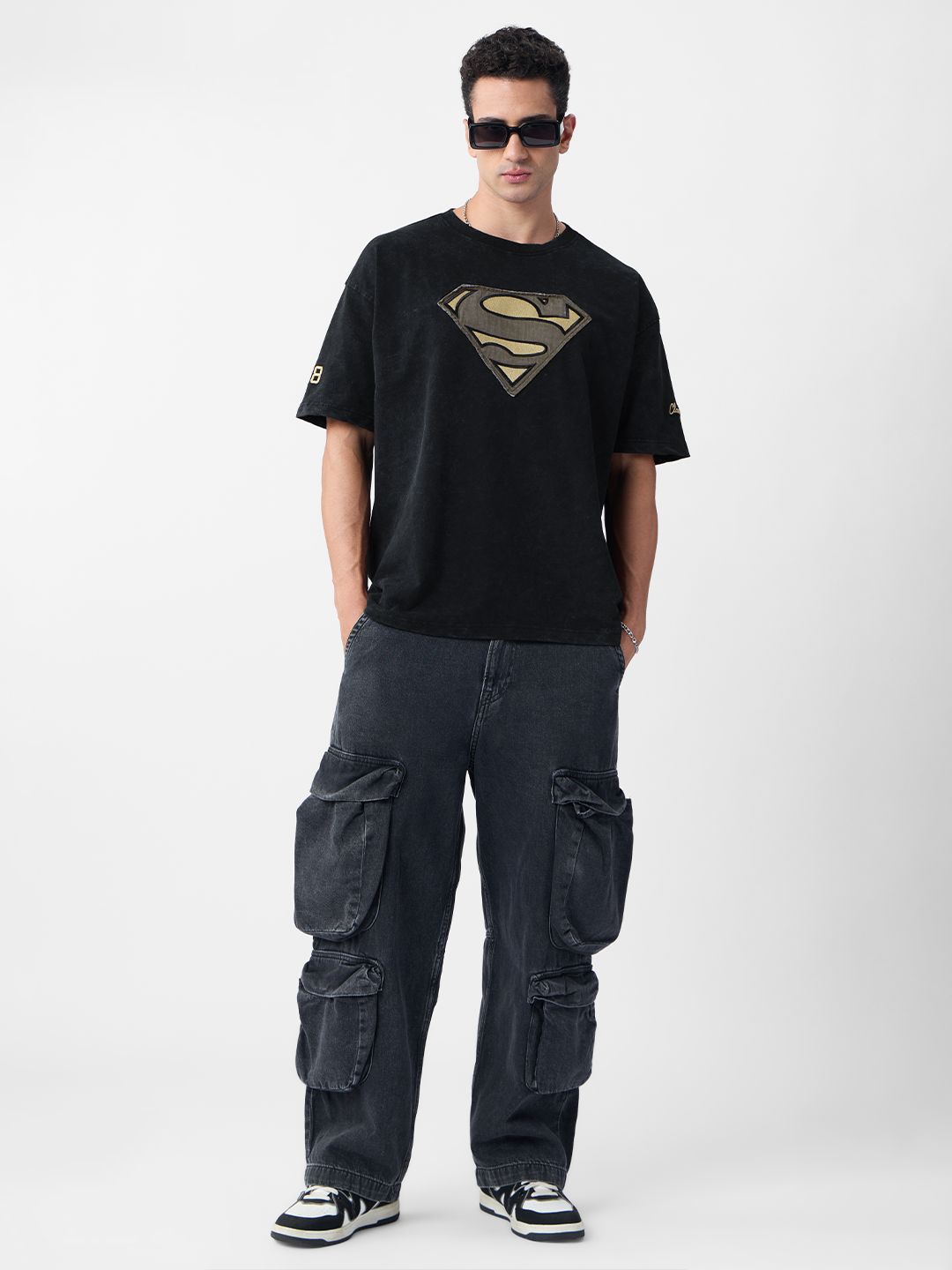 Men Oversized Fit Superman Printed Black T-Shirts