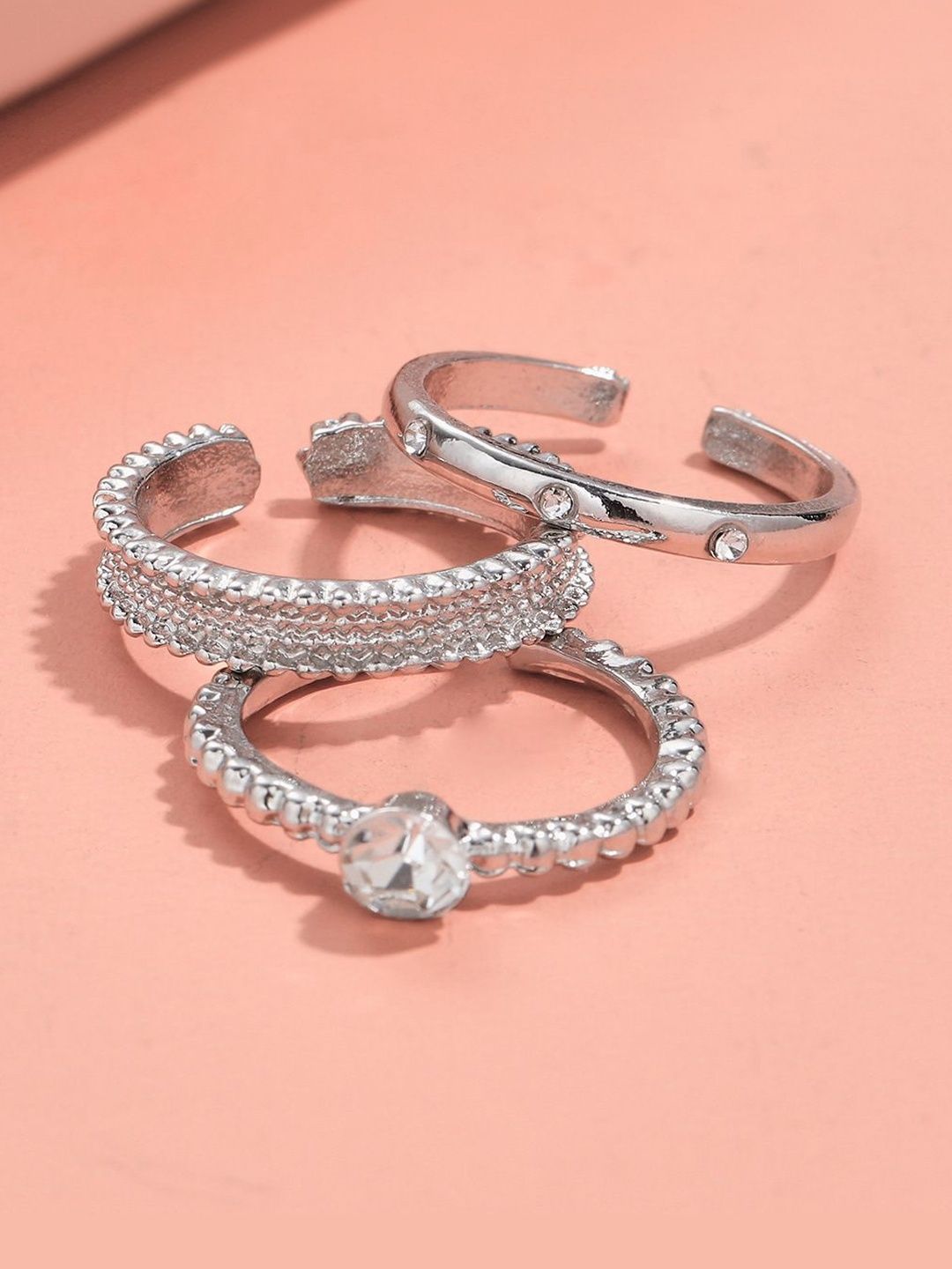 Set of 3 Silver-Plated Stone-Studded Finger Rings