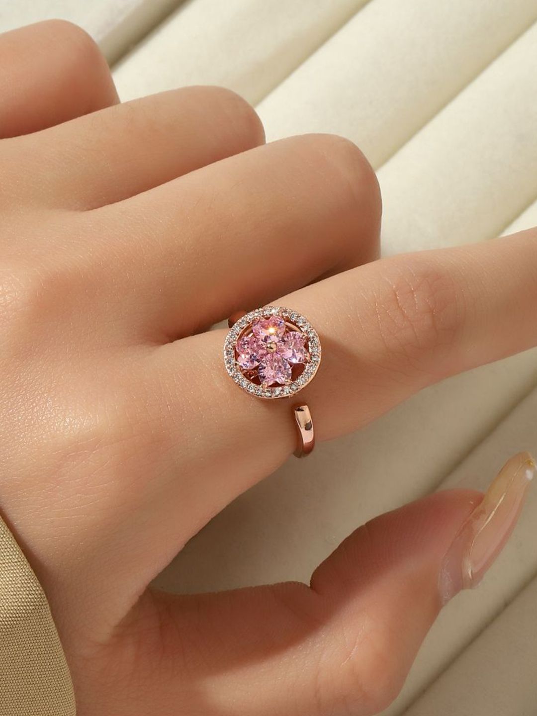SALTY Pack of 2 Women Esme Crystal Pink Floral Spinner Ring
