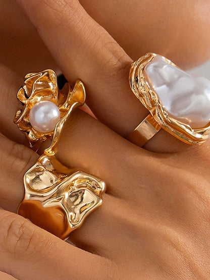 Set of 3 Gold-Plated Pearl-Studded Finger Ring