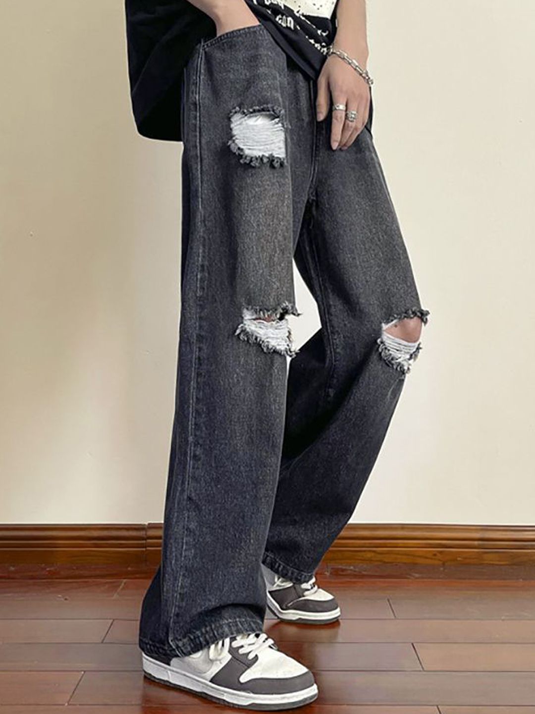 Men Wide Leg Slash Knee Light Fade Jeans