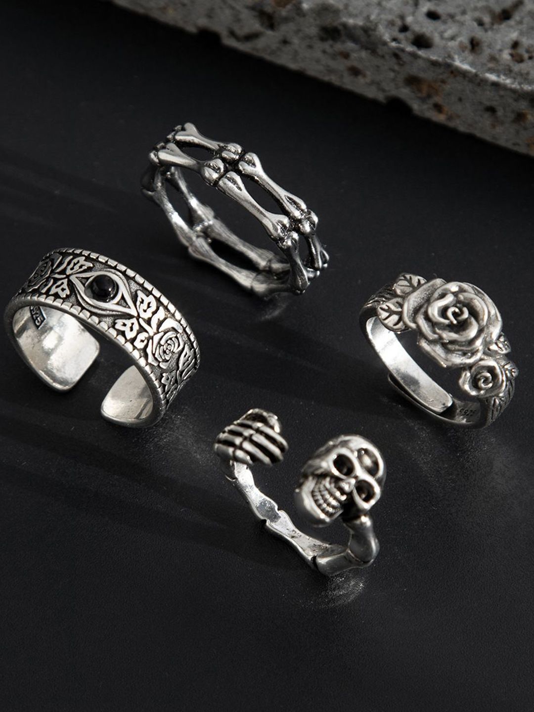 Set of 4 Silver-Plated Stone-Studded Adjustable Finger Ring