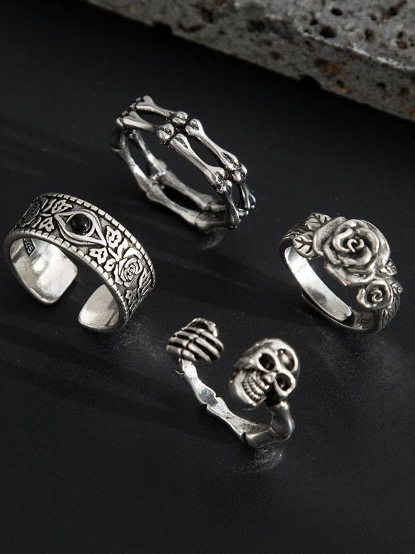 Set of 4 Silver-Plated Stone-Studded Adjustable Finger Ring