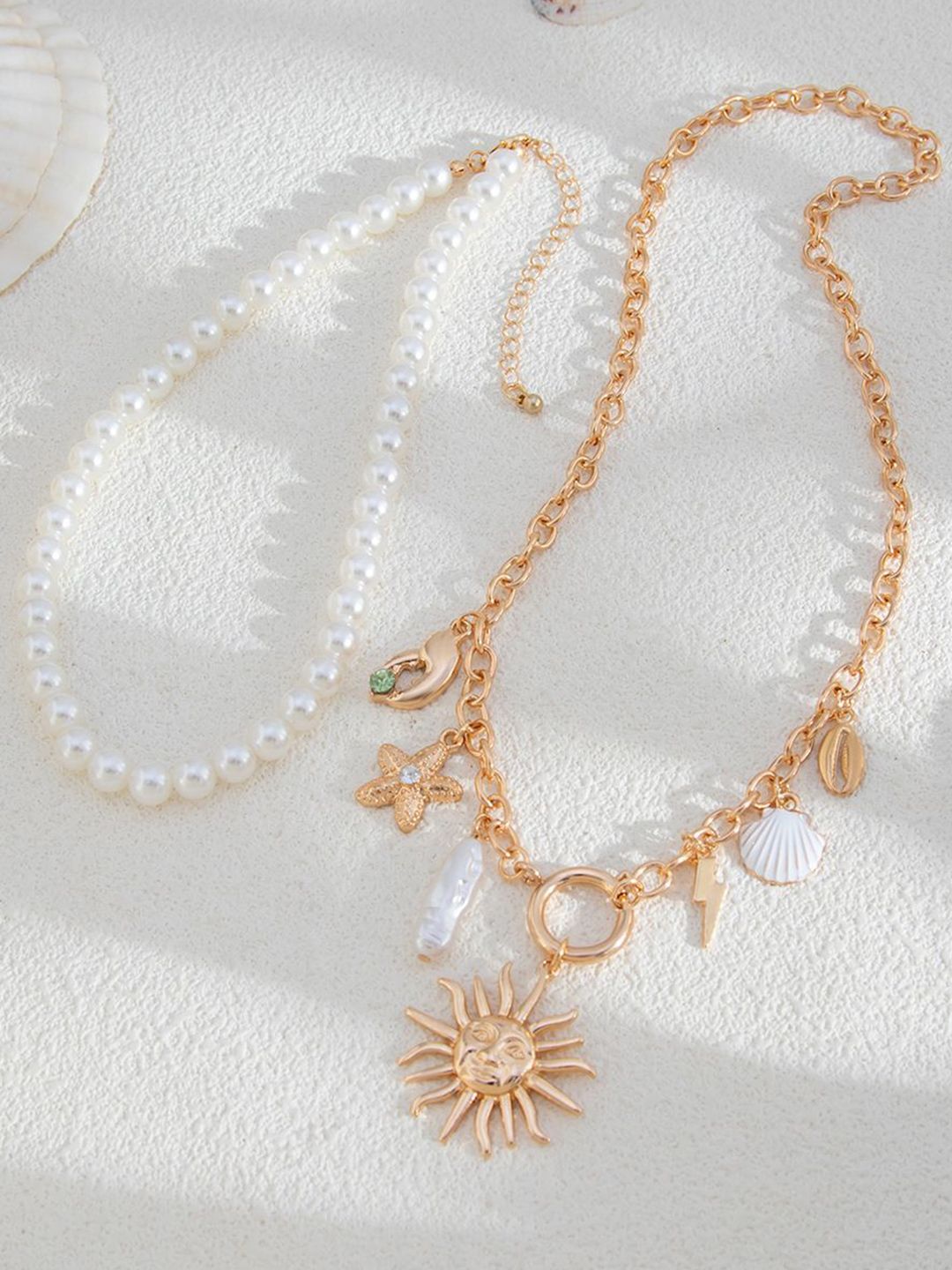 Set Of 2 Gold-Plated Stones Studded Statement Necklace & Chain