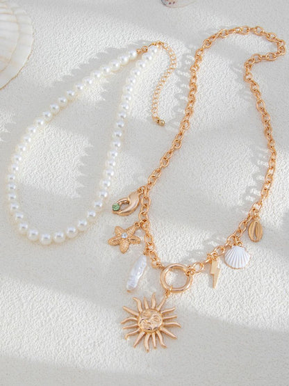 Set Of 2 Gold-Plated Stones Studded Statement Necklace & Chain
