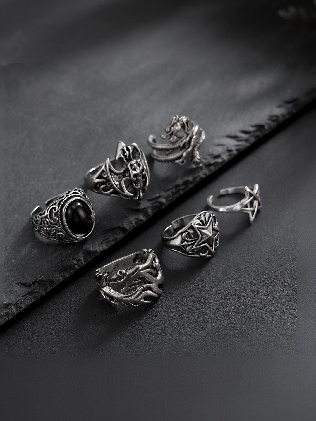 Men Set Of 6 Silver-Plated Finger Ring