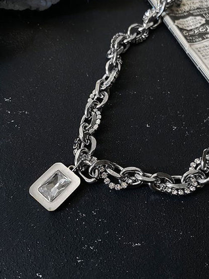 Silver-Plated Artificial Stone Studded Stainless Steel Statement Chain