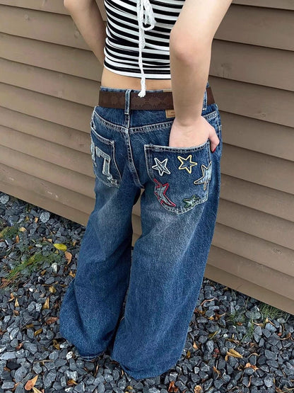 Women Cotton Mid-Rise Low Distress Light Fade Baggy Fit Jeans