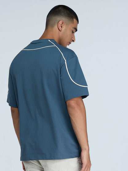 Men Steel Blue Round Neck Oversized Jersey Tshirts