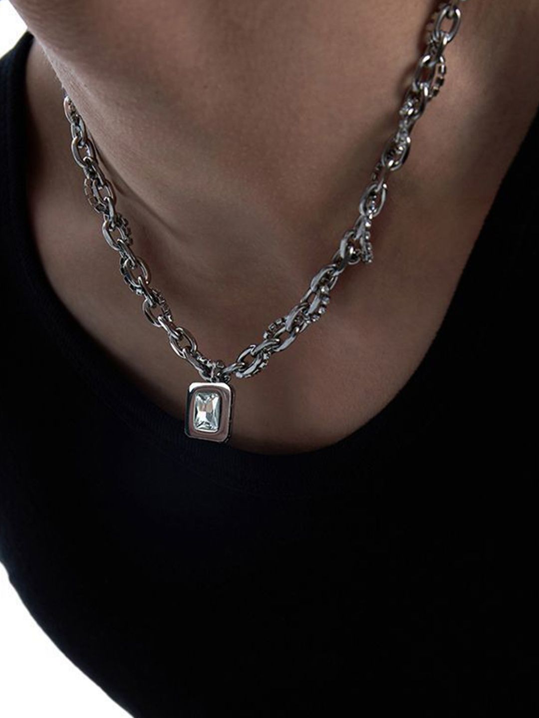 Silver-Plated Artificial Stone Studded Stainless Steel Statement Chain