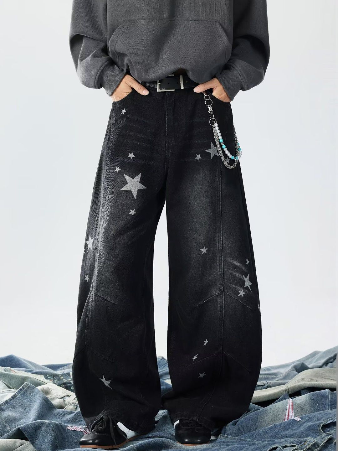 Men Wide Leg Mid-Rise Light Fade Printed Jeans