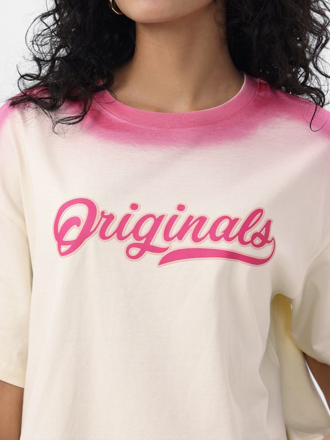 Women Oversized Fit Printed Cream T-Shirts