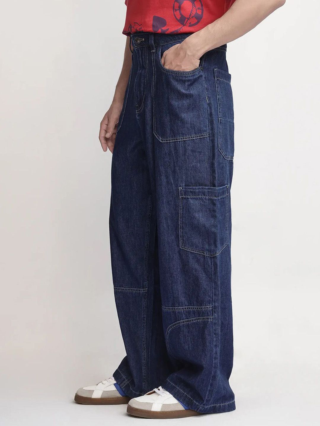 Mens Blue Plain Baggy Fit Mid Rise Casual Jeans