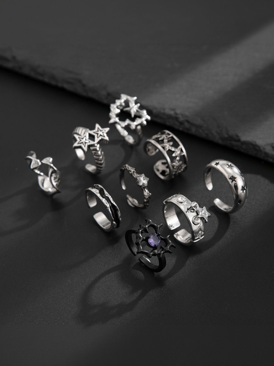Men Set Of 9 Silver-Plated Finger Ring
