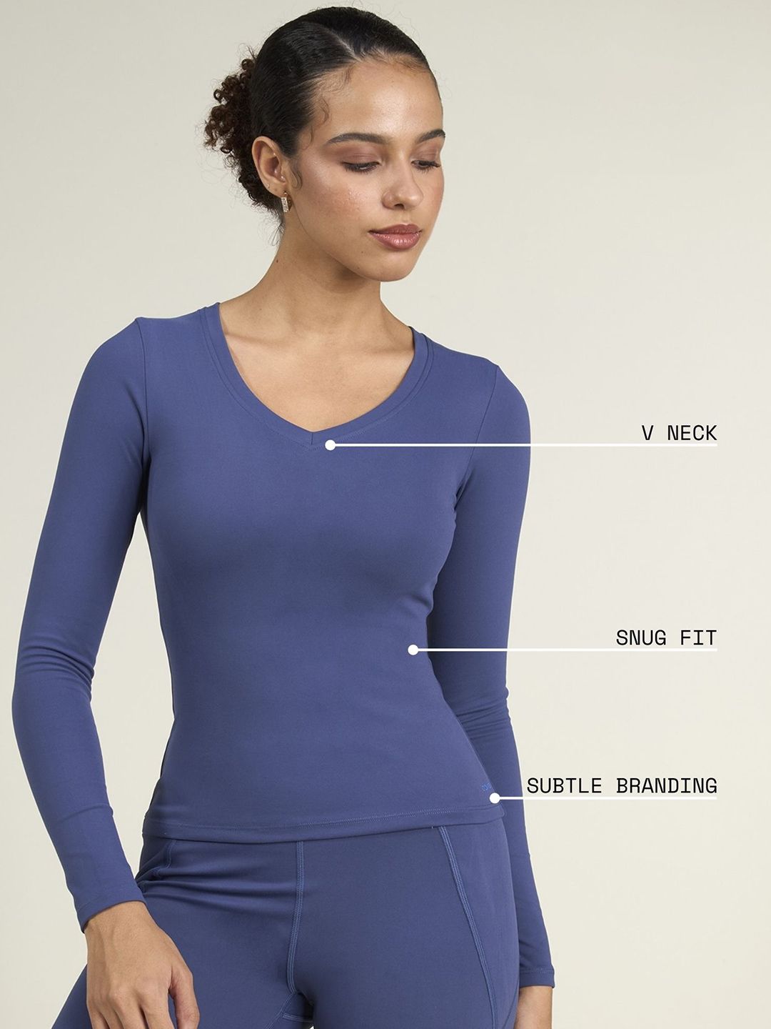 Navy Women Sculpt Snug Fit V-Neck Full Sleeves Fitted Top