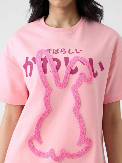 Women Oversized Fit Printed Pink T-Shirts
