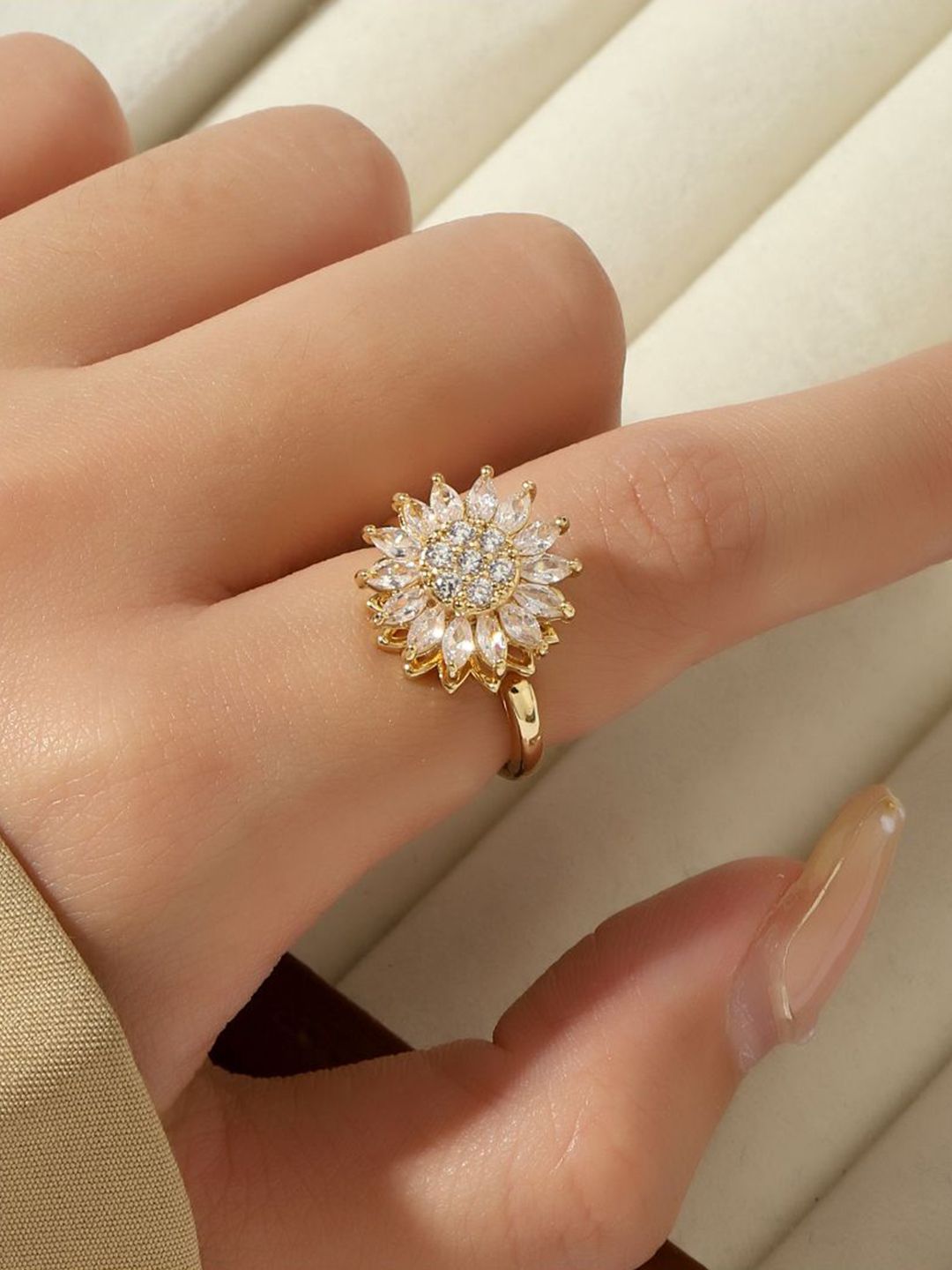 SALTY 14KT Gold Plated Crystal Stone Studded Finger Ring