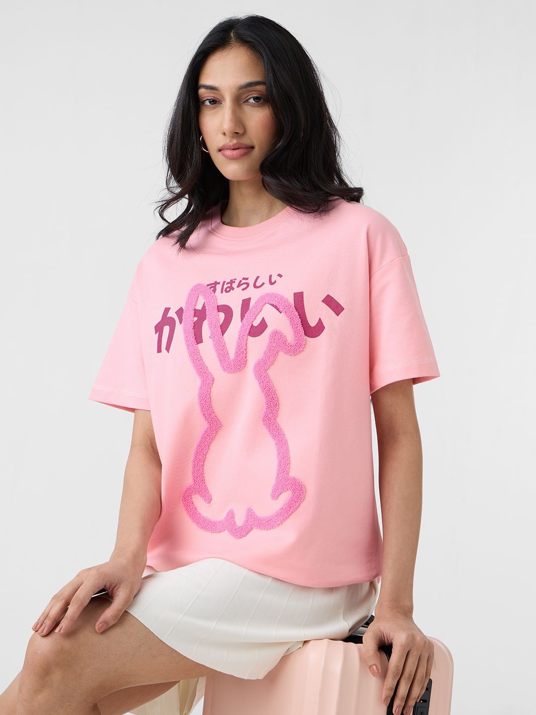 Women Oversized Fit Printed Pink T-Shirts