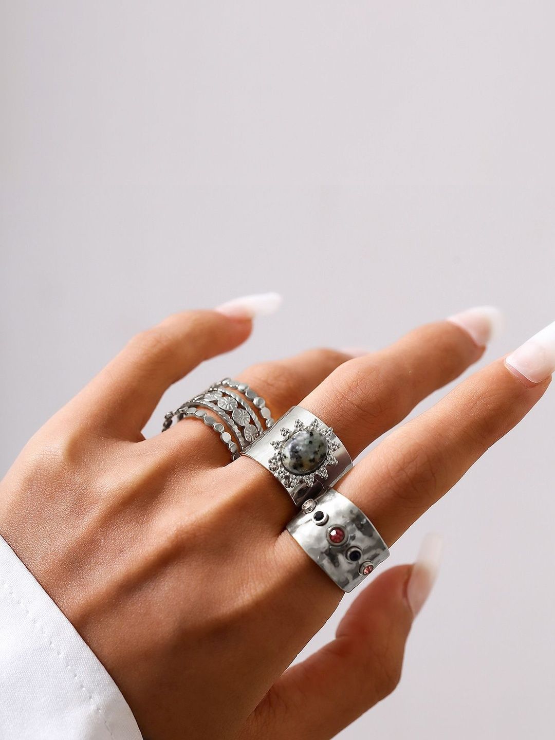 Set of 3 Silver-Plated Stone-Studded Finger Ring