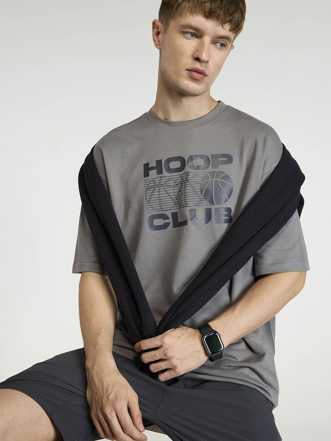 Men Grey Certified Hoopers Oversized Printed Cotton Tee