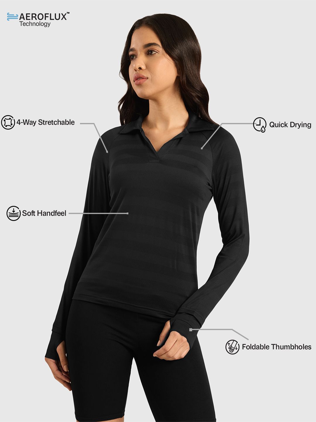 Vogue Women Self Design Full Sleeves Polo Collar T-shirt