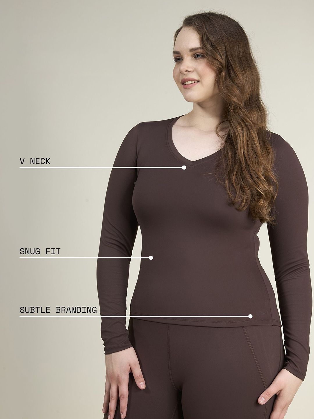 Women Brown Sculpt V-Neck Top