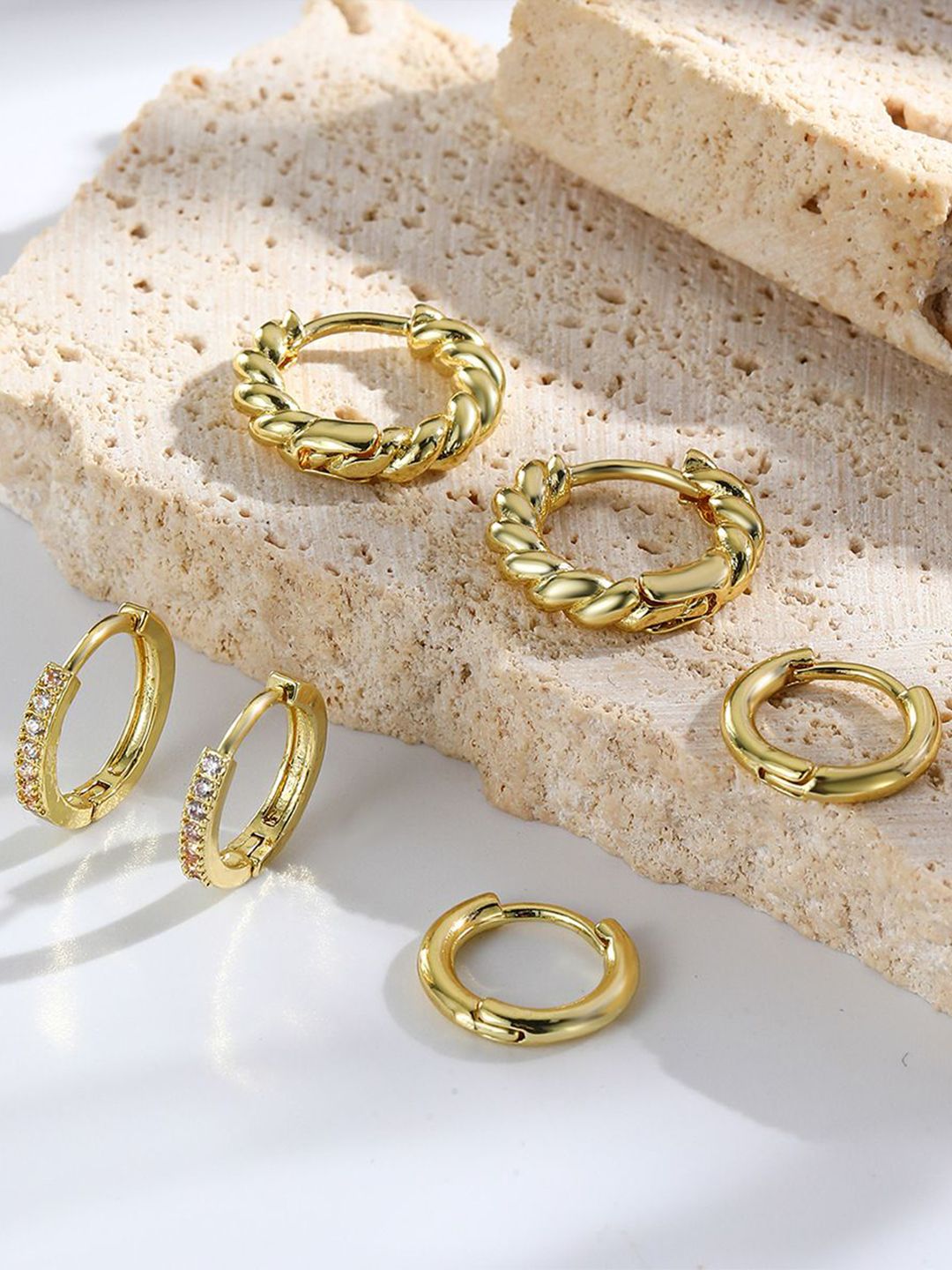 Set Of 3 Gold Plated  Artificial Studded Circular Shaped Hoop Earrings