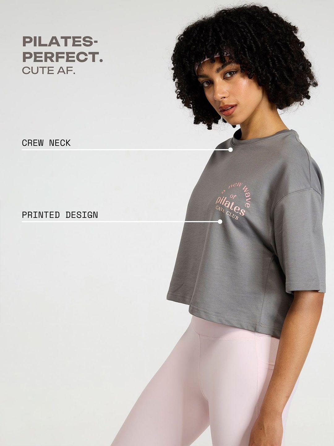 Women Grey-Pink Pilates Core Cropped Cotton Boxy Tee
