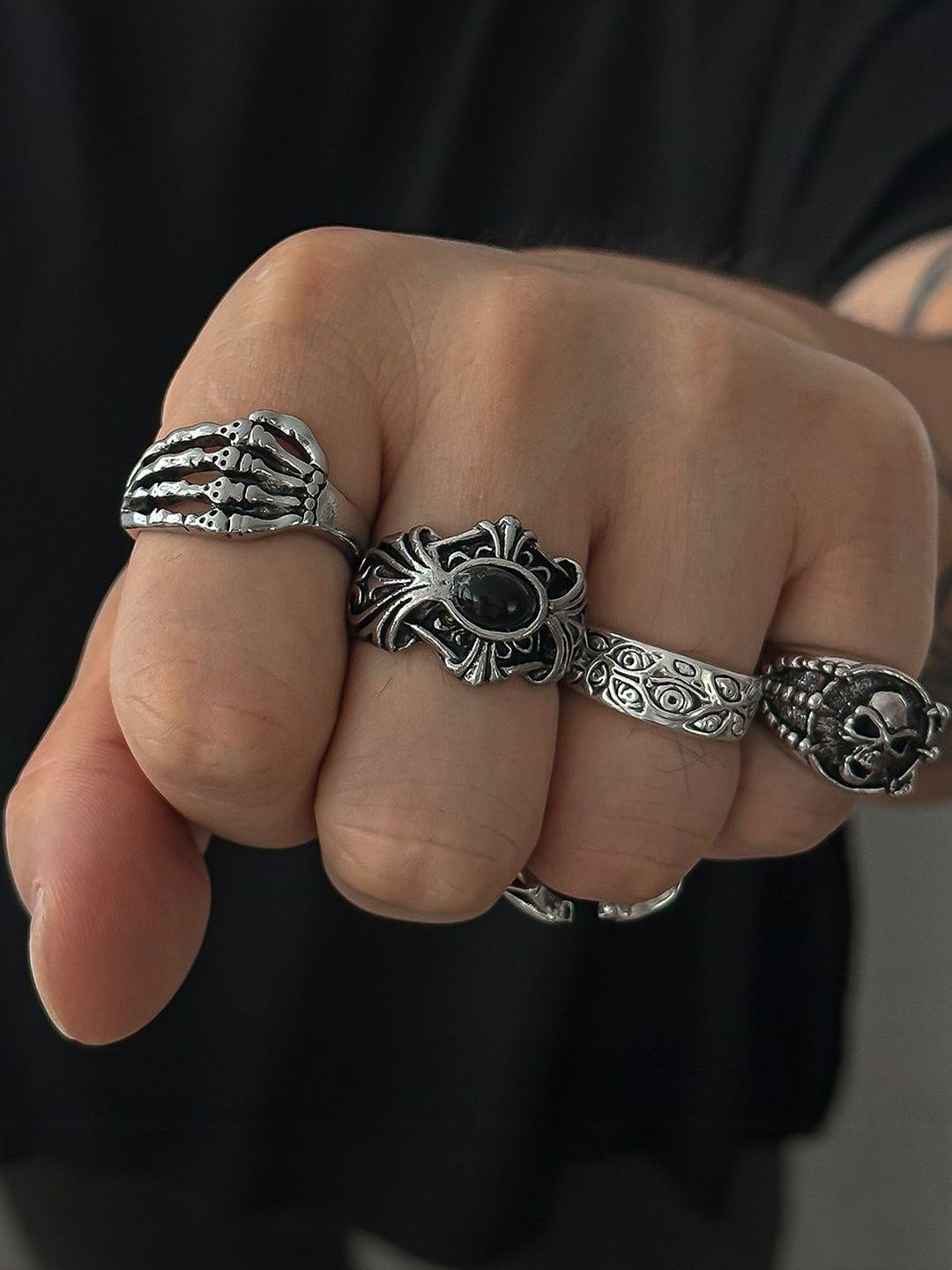 Men Set Of 5 Silver-Plated Finger Rings